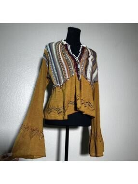 Free People Boho Patchwork Bell Sleeve Crop Top Mustard Knit Festival Blouse